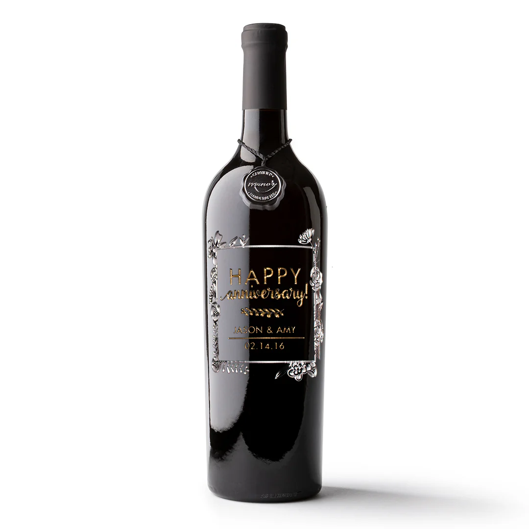 Anniversary Flower Frame Custom Etched Wine Bottle - Image 3