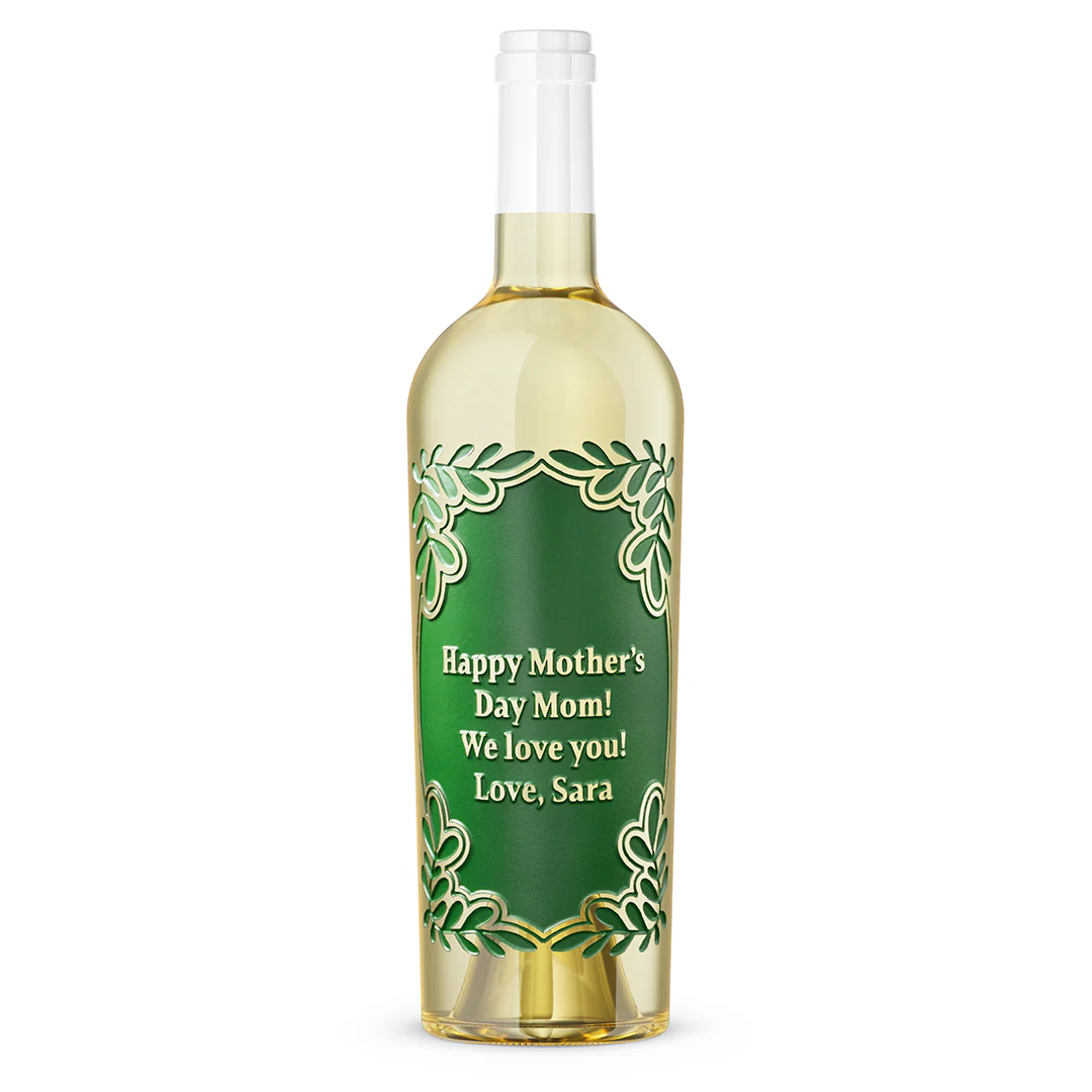 Custom Text Greenery Frame Chardonnay Etched Wine