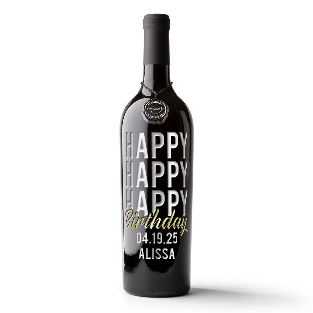 Happy Happy Happy Birthday Script Custom Etched Wine - Image 5