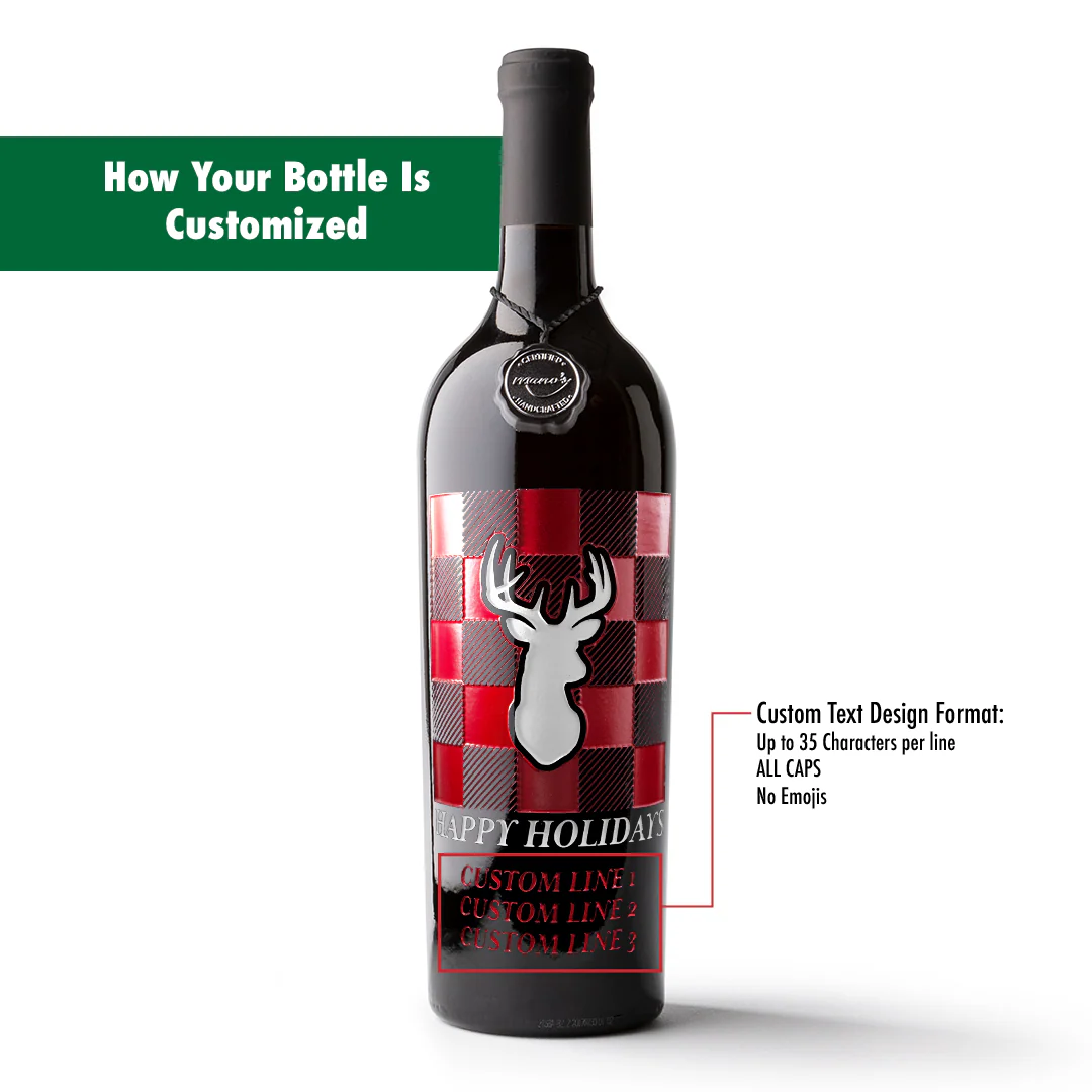 Happy Holidays Buffalo Plaid Custom Text Etched Wine - Image 3