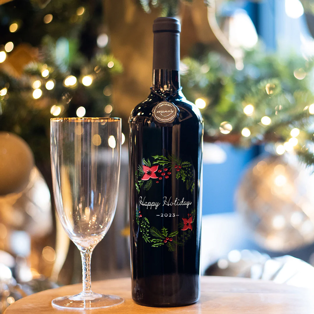 Happy Holidays Garland Etched Wine Bottle - Image 2