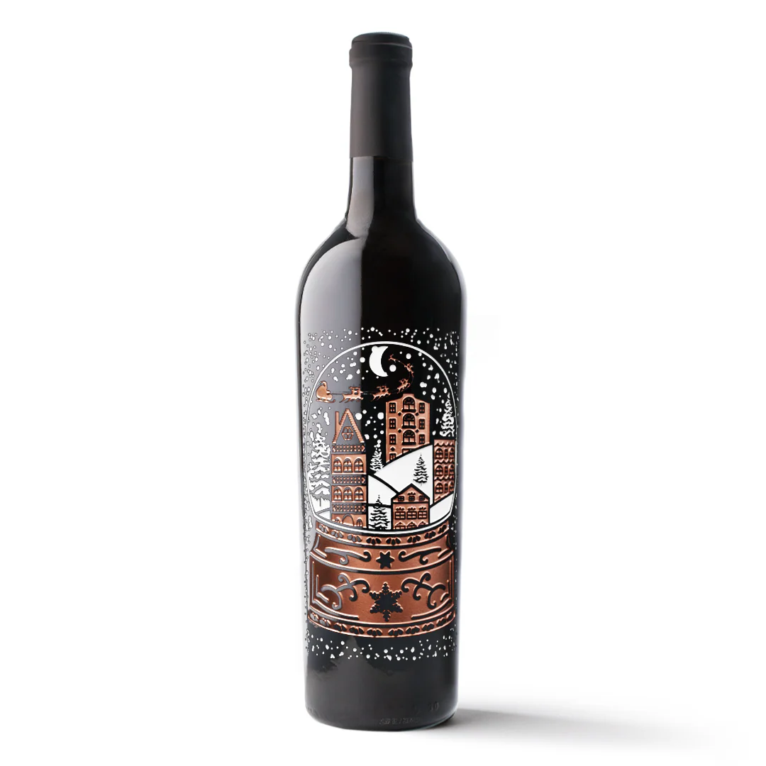 Holiday Winter Snow Globe Etched Wine Bottle