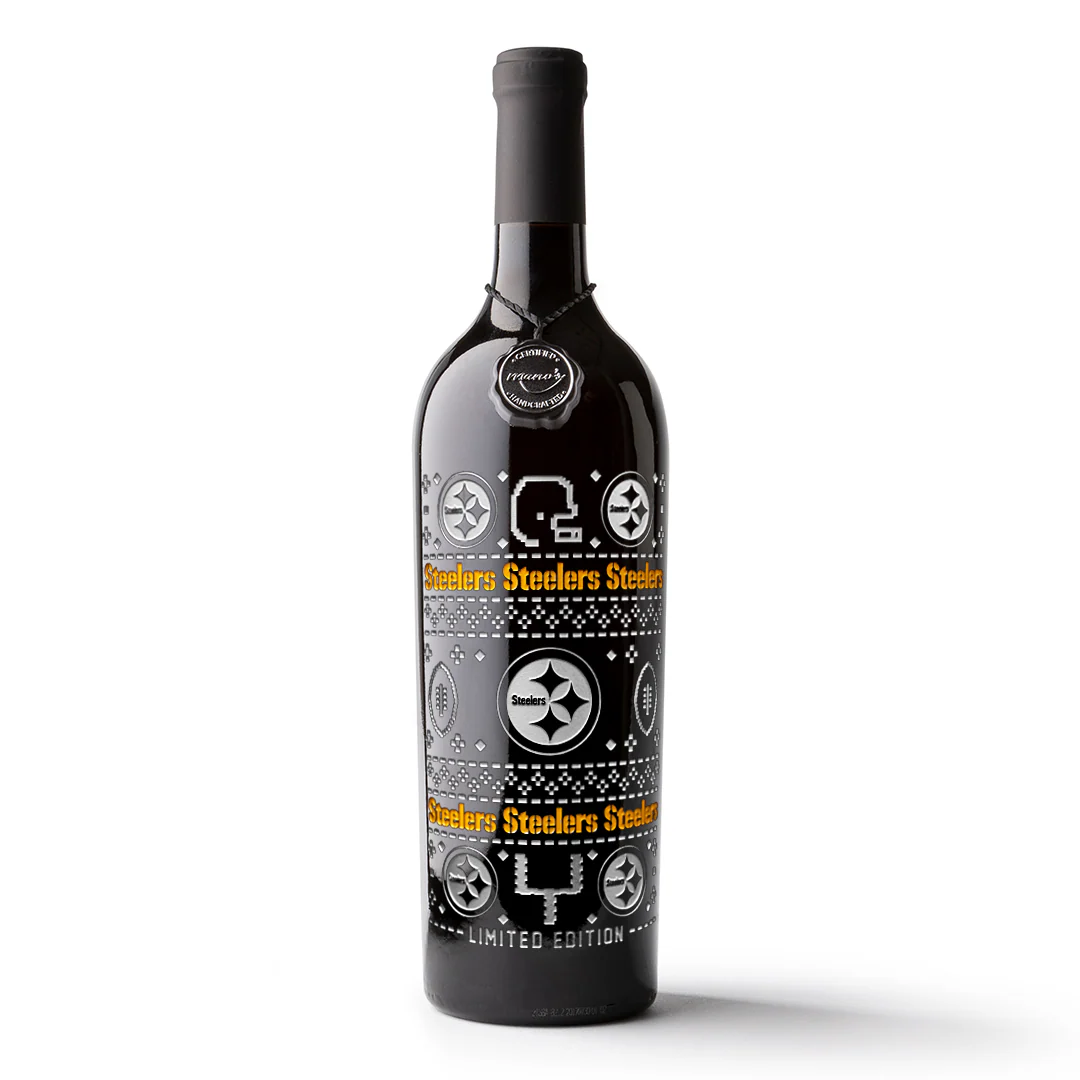 Steelers 2023 Limited Edition Holiday Sweater Etched Wine Bottle