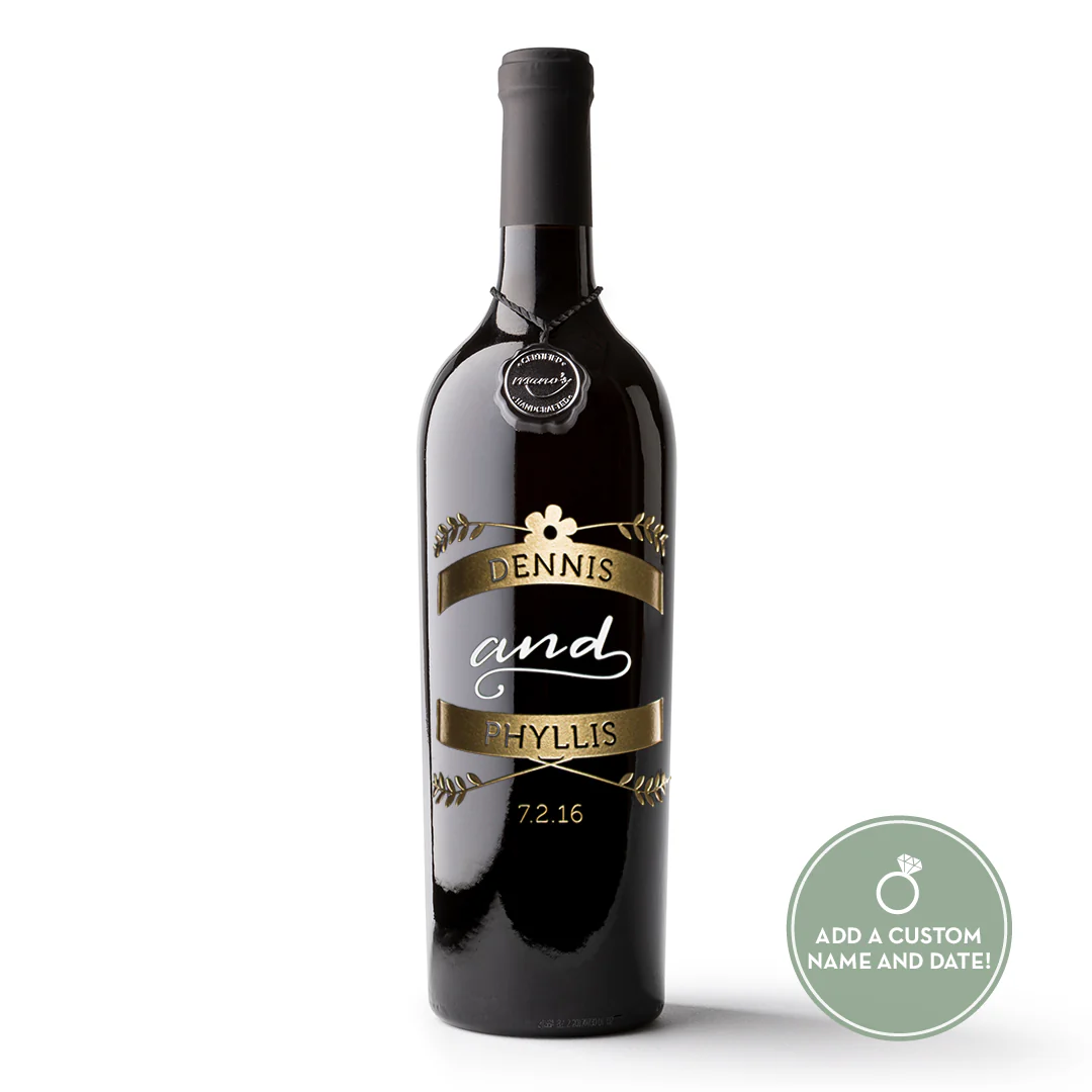 Wedding Emblem Custom Etched Wine Bottle