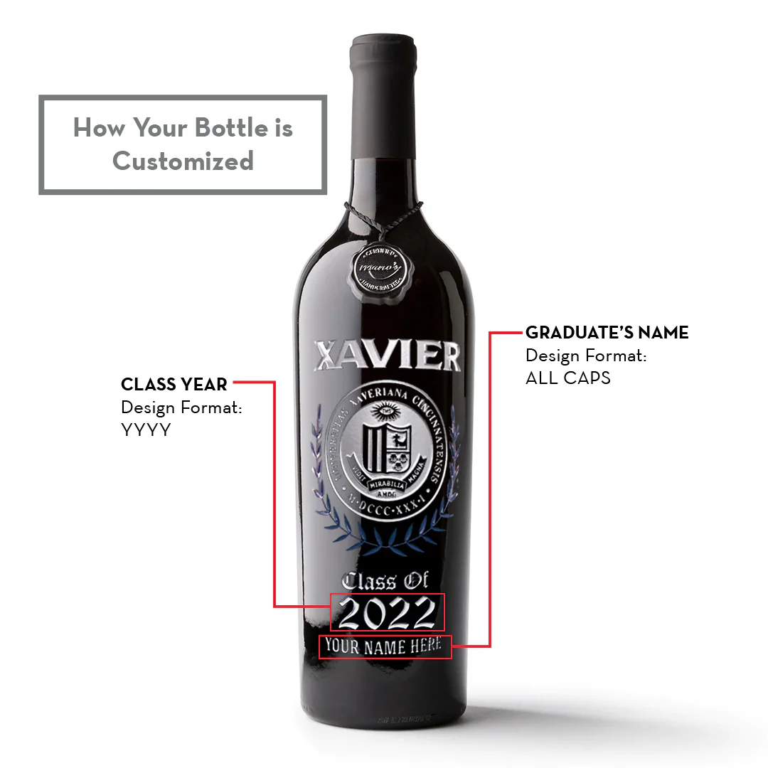 Xavier University Custom Alumni Etched Wine Bottle - Image 3